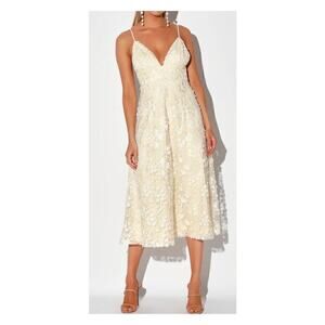 Lulus Flourishing Kiss Dress Lace V Neck Floral Embroidered Cream XS NWT
